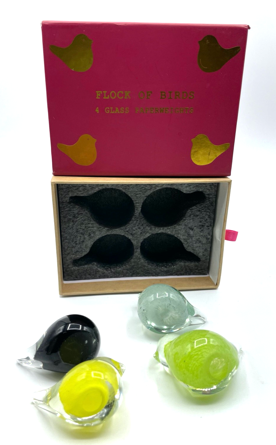 Schwarm Vögel 4 farbige Glas Paperweight Vogel Form orig. Geschenkbox unbenutzt5