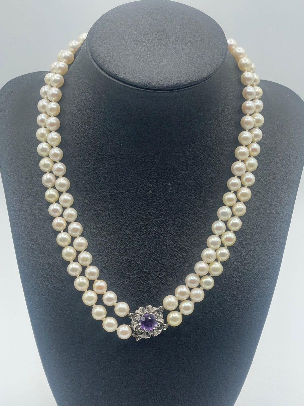 Bicolor 585 Gold Brillanten + Amethyst an 2 reihiger Akoya Perlenkette Ø 7 mm1