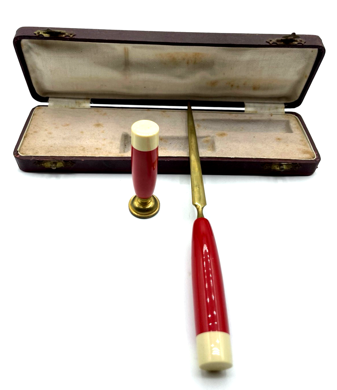 Antik bunt Bakelit Petschaft Brieföffner im orig. Etui um 1900 1910 ohne Gravur3
