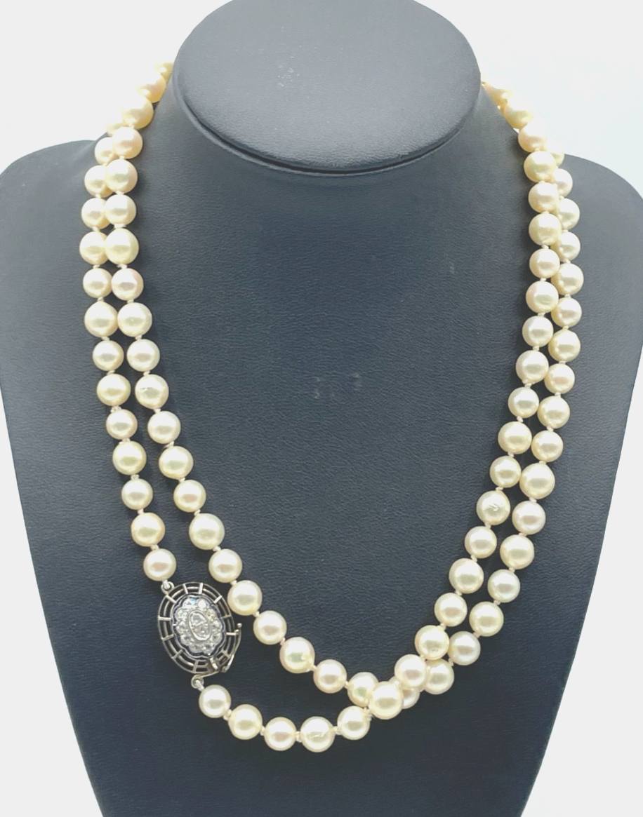 585 Gold Brillanten + Saphire Art Déco Flapper Kette 92 cm Perlenkette Ø 7 mm0