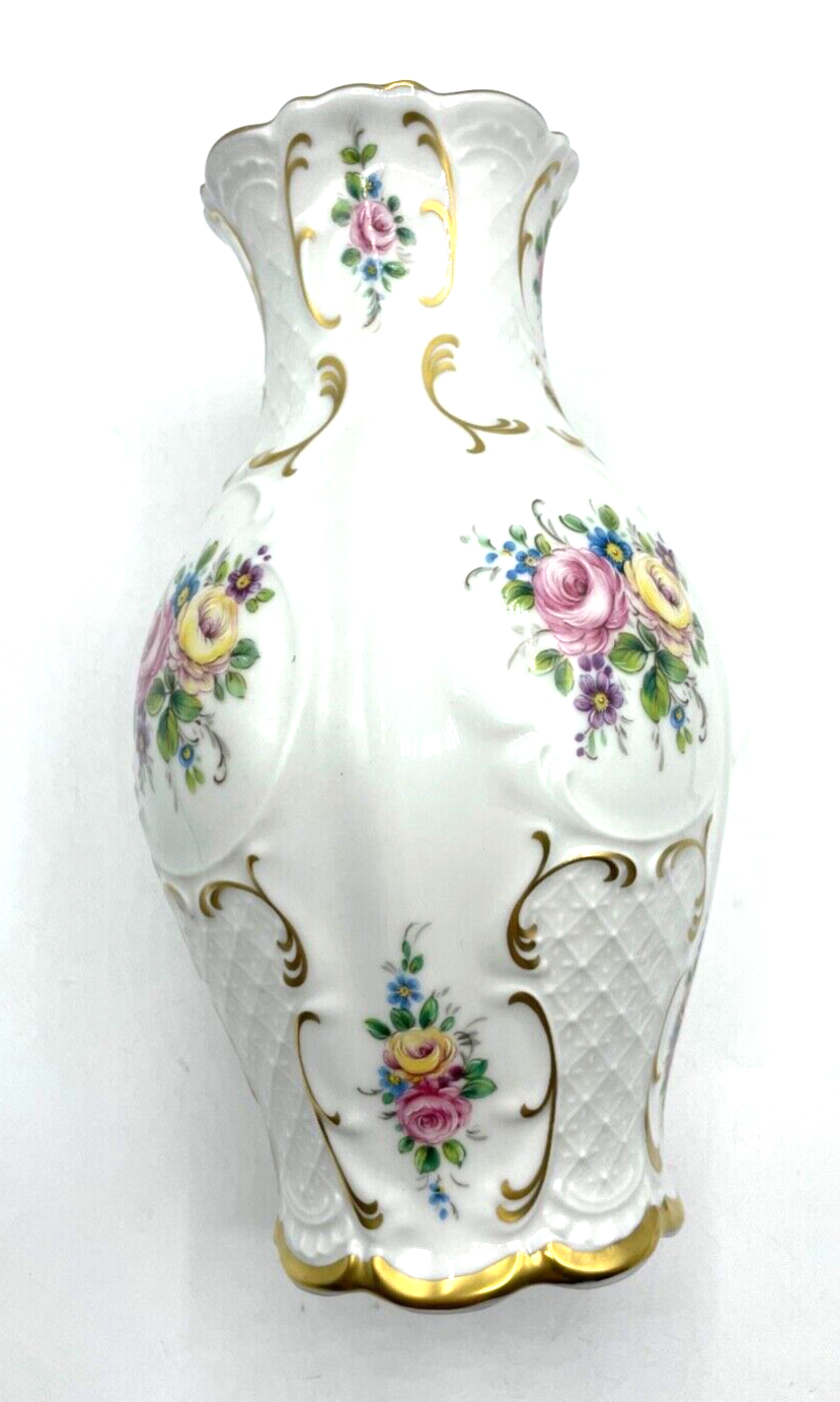 Lindner Porzellan Vase 3320 Golddekor Blumen Bukett sehr gepflegt H 20,5 cm3