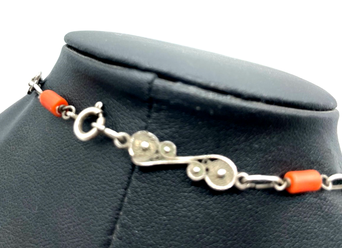 Traumhafte antik 835 Silber Kette mit Koralle 30er J Handarbeit L 68 cm B 6 mm4