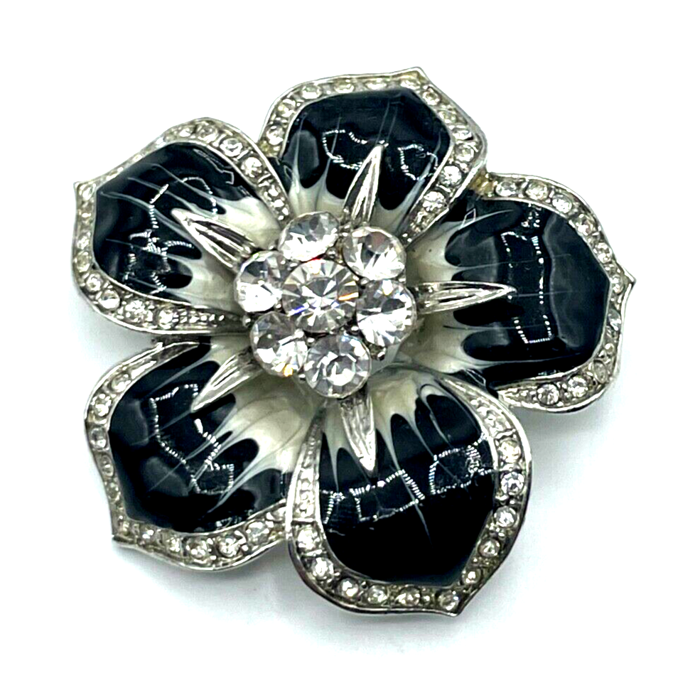 Vintage groß Strass + Emaille glamourös Blüte Brosche Anstecknadel Handarbeit0