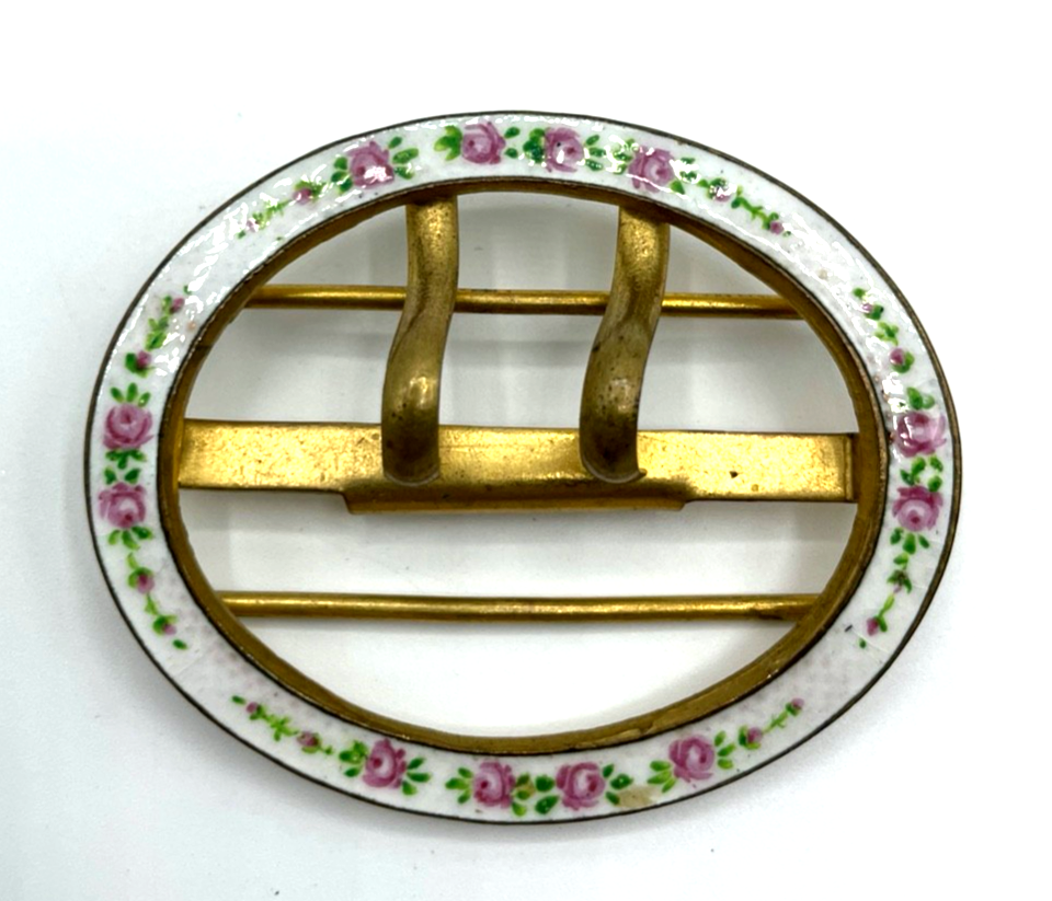 Antik Jugendstil ovale Gürtelschnalle Guilloche Rosen Emaille feuervergoldet1