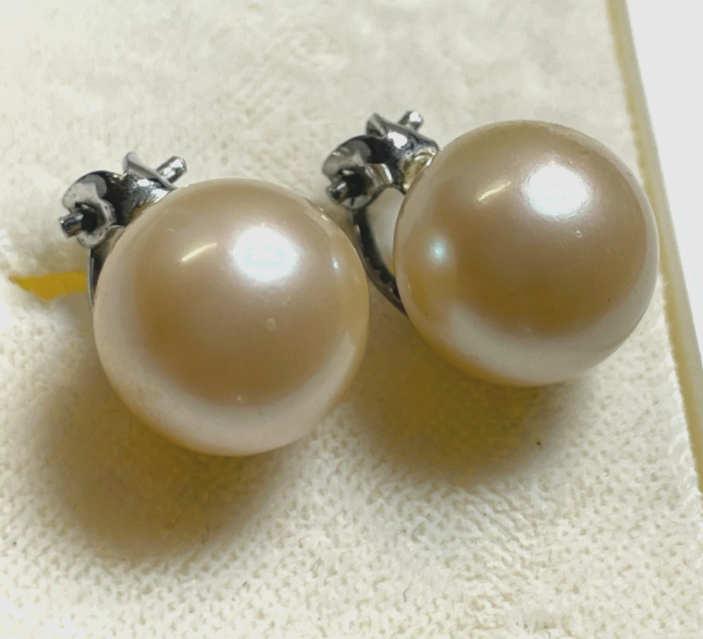 Paar vintage 835 Silber Ohrclips Clips Faux Perlen Ø 12 mm Farbe beige gepflegt0