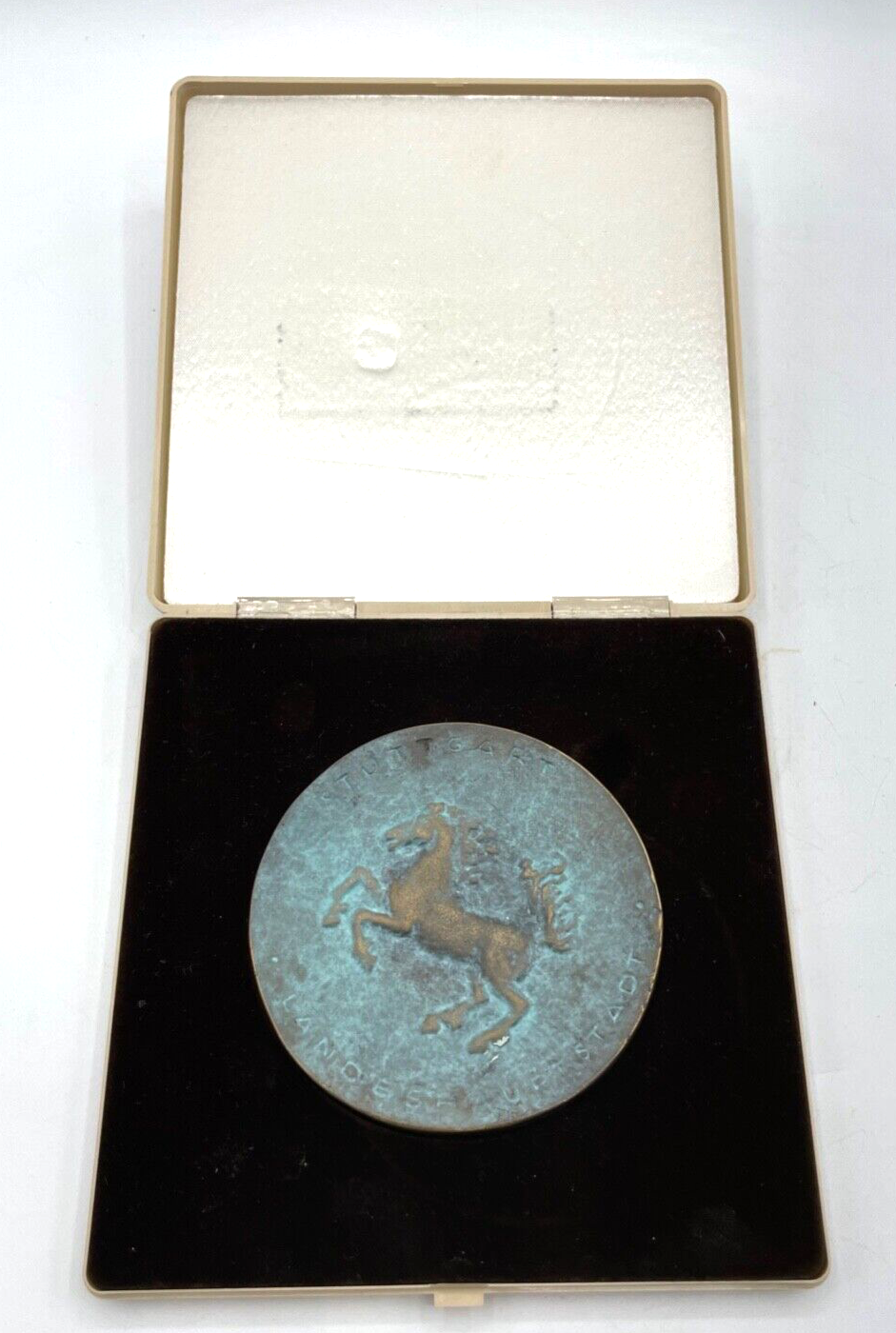 Alte Bronze Plakette Verdienste im Sport 1987 Stuttgart Pferd Ø 9cm Etui 415 Gr.0