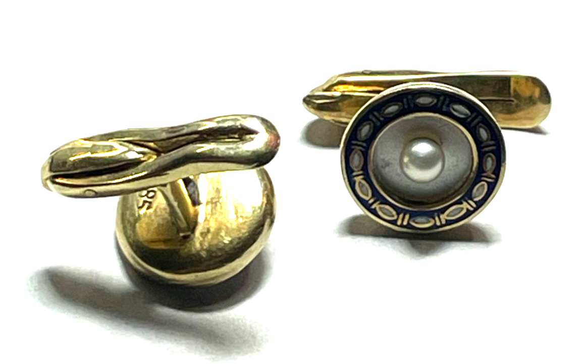 Antik 585 Gold 14K Frackknöpfe Hemdknöpfe Emaille Naturperle 1920 Juwelier gepfl7