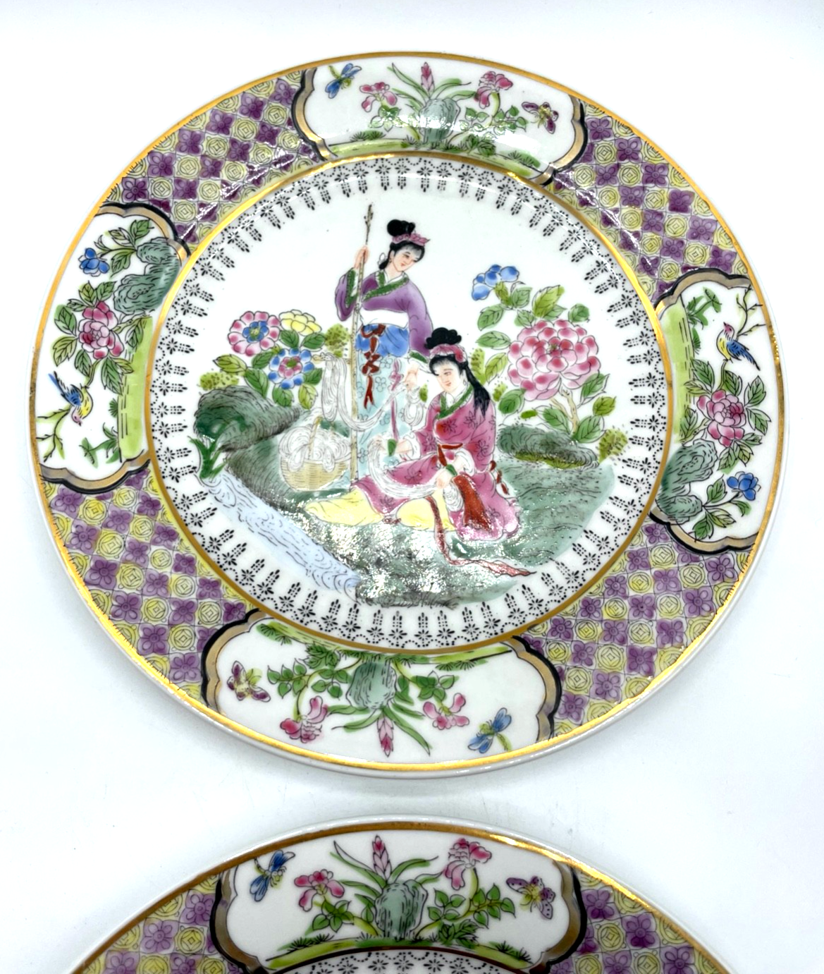 2 vintage attraktive Famille Rose Porzellan Teller China Ø 22,7 cm handbemalt2
