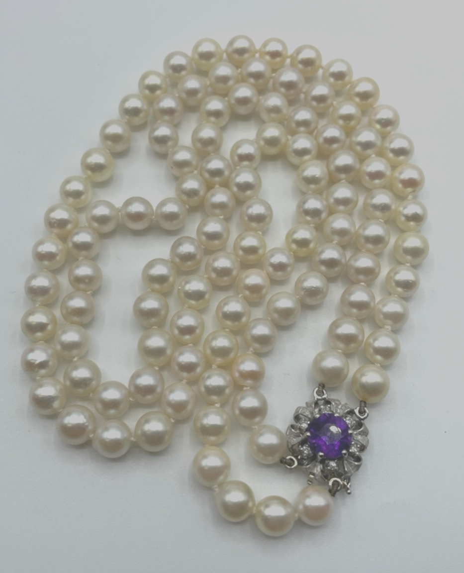 Bicolor 585 Gold Brillanten + Amethyst an 2 reihiger Akoya Perlenkette Ø 7 mm8