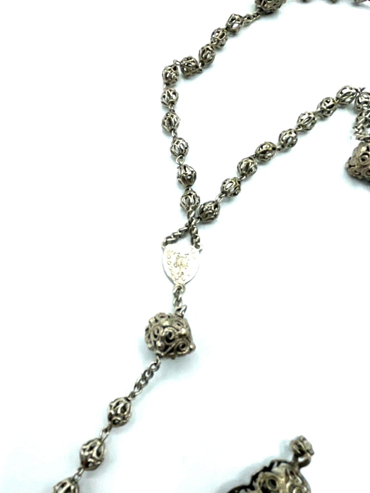 Antik Biedermeier Rosenkranz Filigran + Emaille Kreuz Perlen Filigransilber  A6