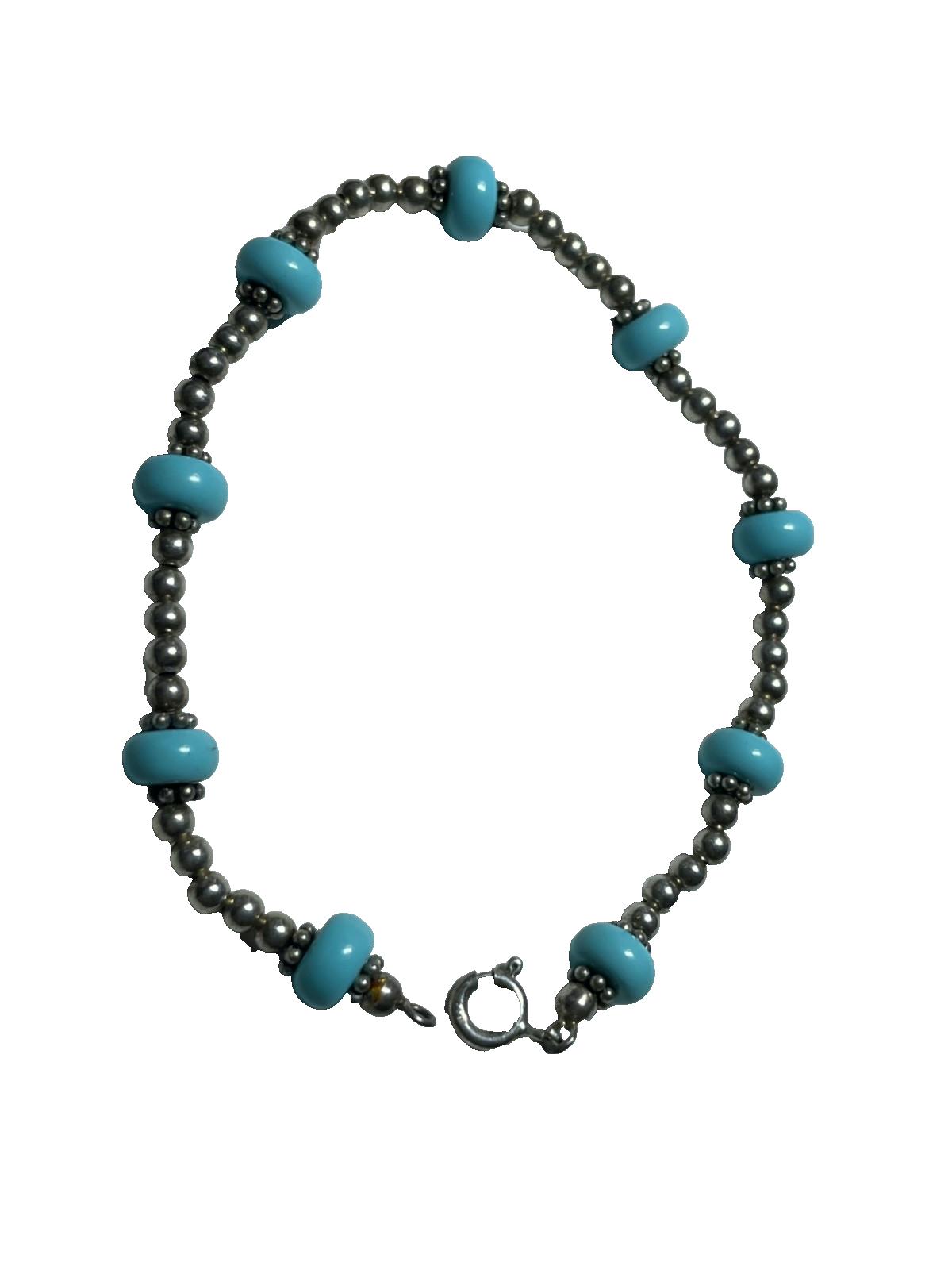 925 Sterling Armband + Türkis farbigen Perlen Silber Armkette gepflegt L 18,5 cm2