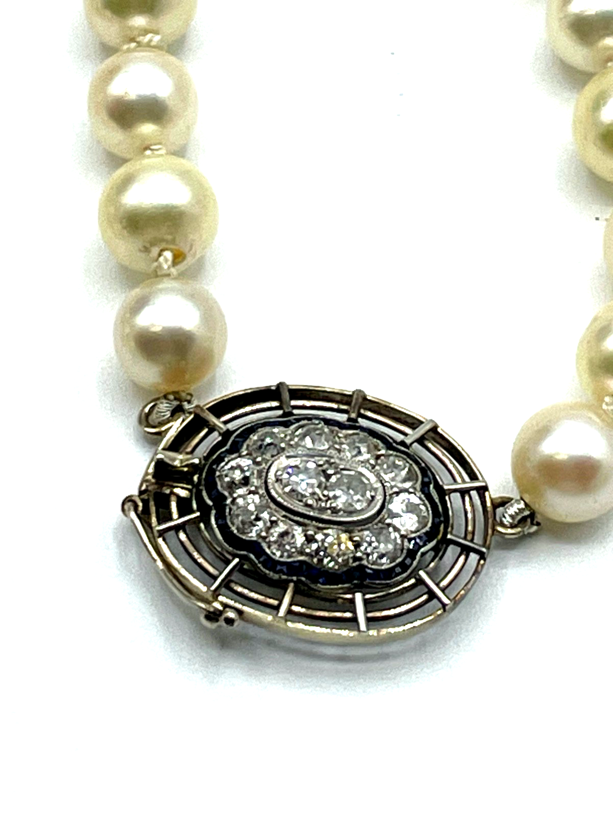 585 Gold Brillanten + Saphire Art Déco Flapper Kette 92 cm Perlenkette Ø 7 mm14