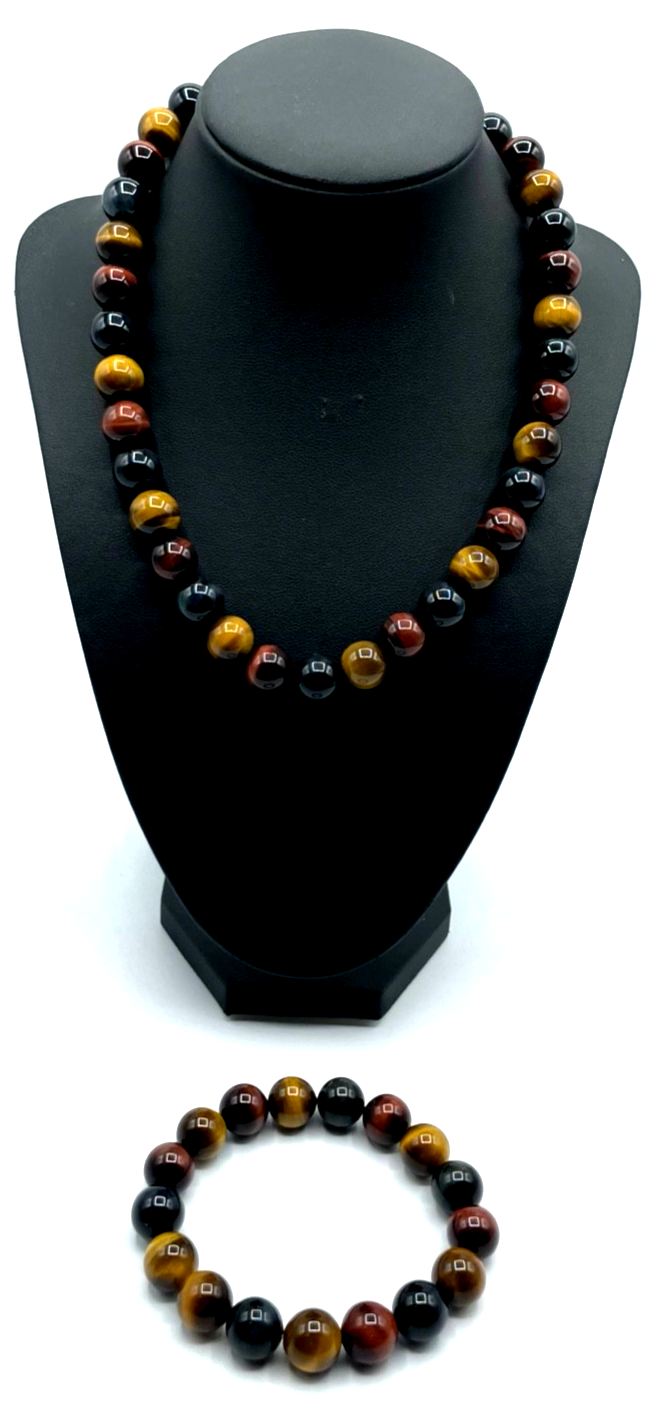Neu Set Falkenauge Tigerauge Farbmix Halskette Kugelkette Collier + Armband Ø111