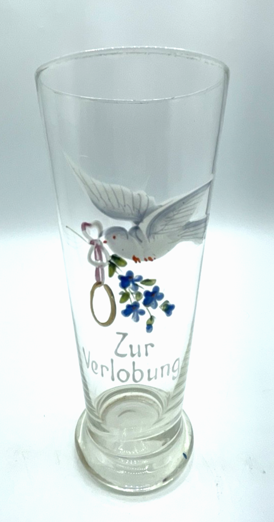 Antik Jugendstil Glas ZUR VERLOBUNG Handmalerei Taube Vergissmeinnicht Ring0