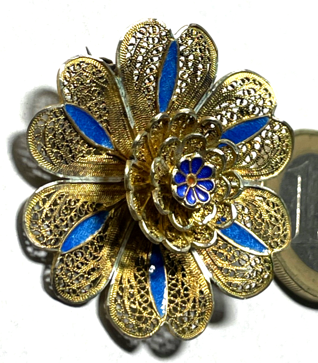 Antik 800 Silber vergoldet Etagen Brosche Blume filigran teils emailliert gepfl.6