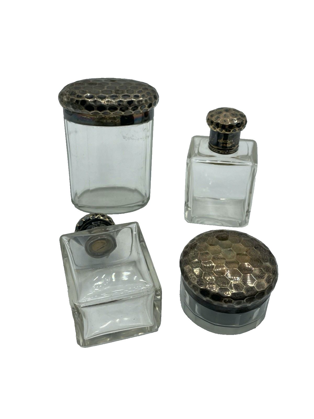 Antik 4 Tlg. Toiletten Garnitur Kristall Glas Behälter mit je 950 Silber Montur10