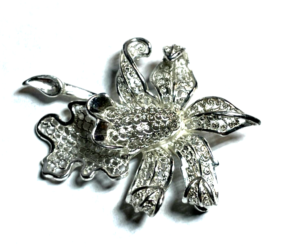 Antik 800 Silber Brosche Anstecknadel Filigransilber Handarbeit Orchidee gepfl.1