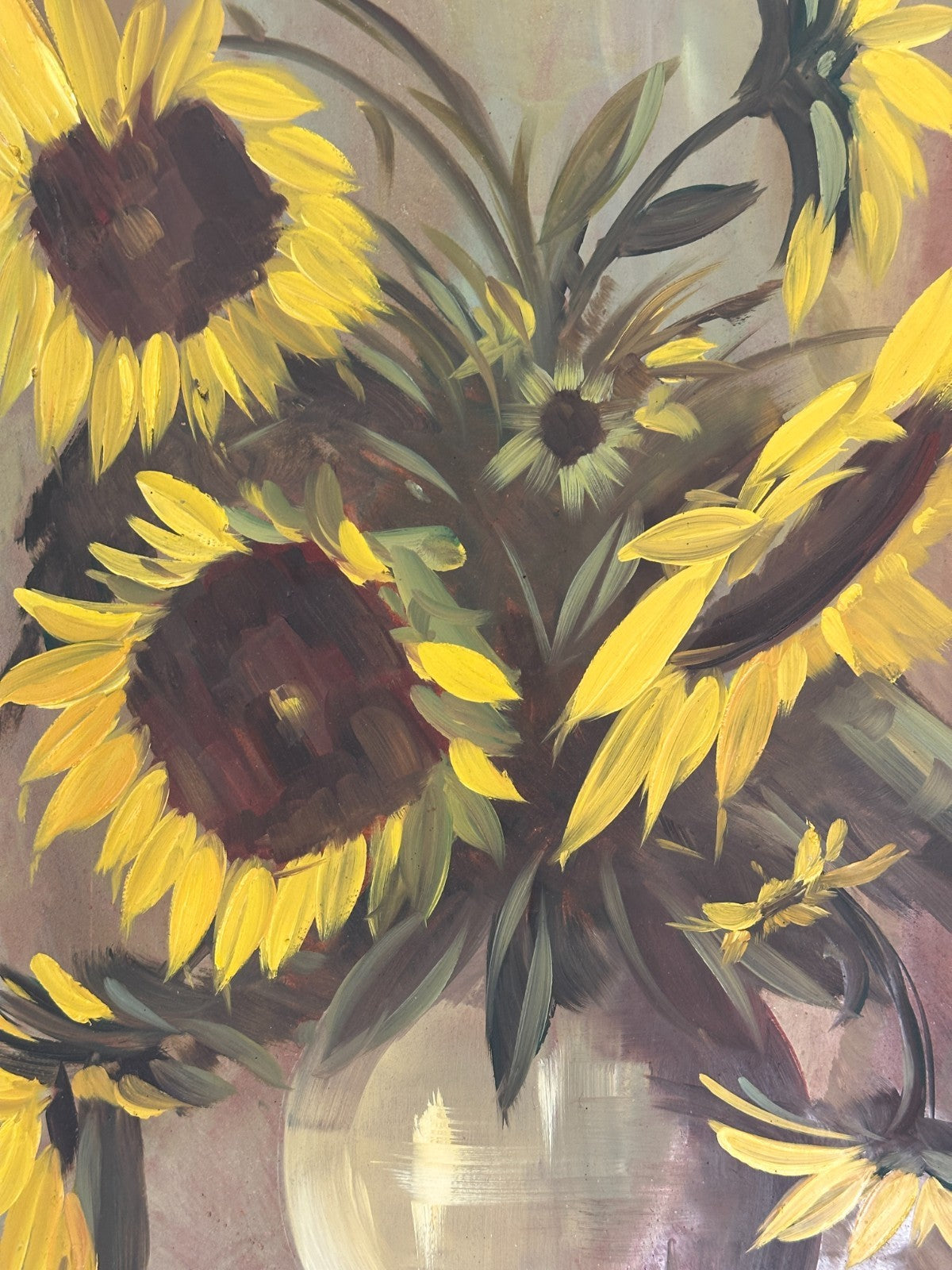 Sonnenblumen im Krug – Öl auf Hartfaser - sign. „F. Lamy“ (1955) - Mid-Century2