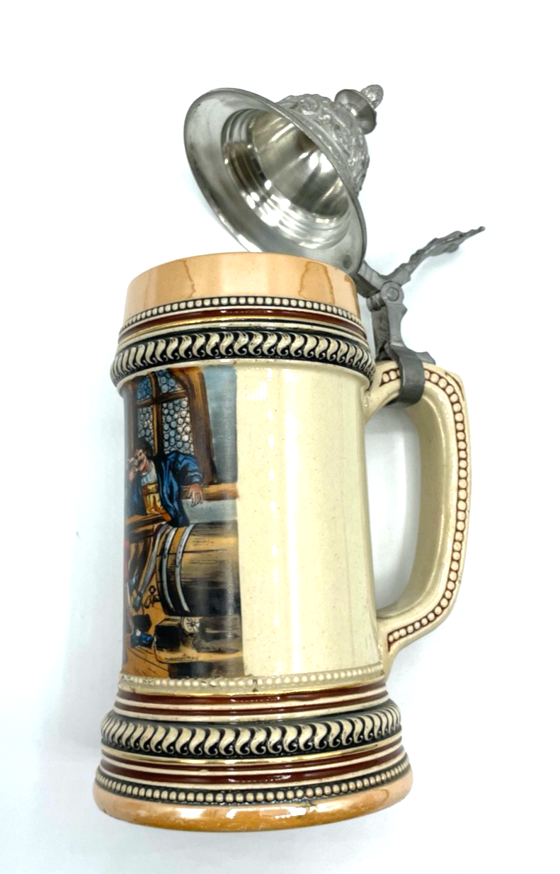 Antik Steinzeug Bierkrug Krug Zinn Deckel handbemalt Wirtshaus 0,4 Ltr. um 19007