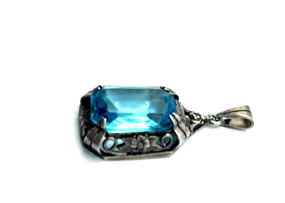Antik 835 Silber Anhänger Schweizer Blau Farbstein Fassung Handarbeit 30erJ5