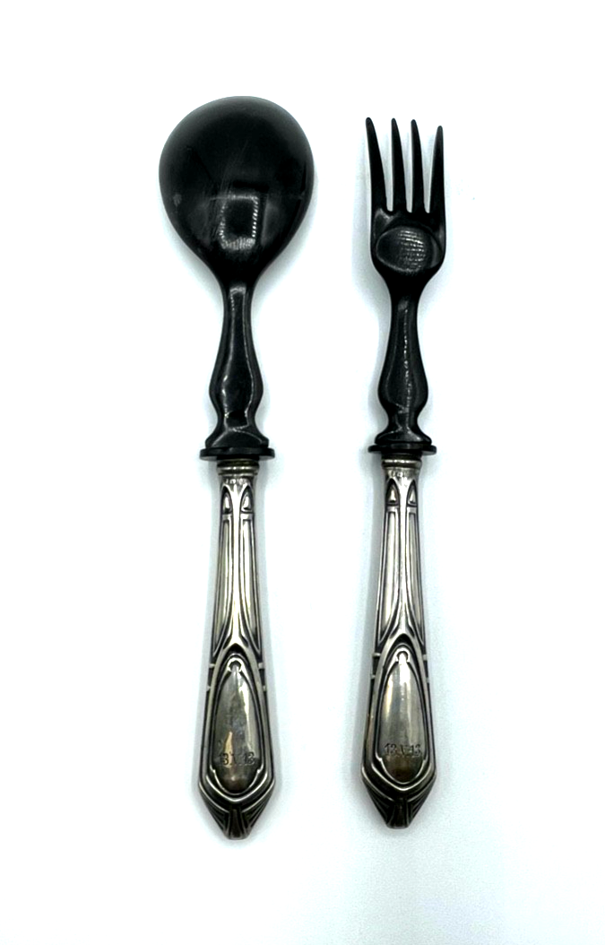 Antik Jugendstil Vorleger Salatbesteck 800 Silber + schwarzes Horn gepflegt5