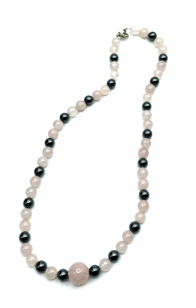 Vintage Rosenquarz + Hämatit Perlen im Mix Halskette L 50 cm sehr gepflegt3