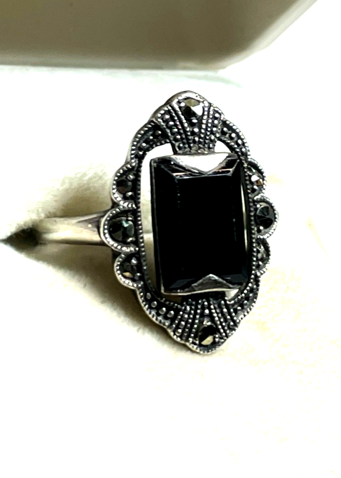 Solider vintage 925 Silber Ring Onyx Einlage + Markasiten Handarbeit Ø21mm RG 660