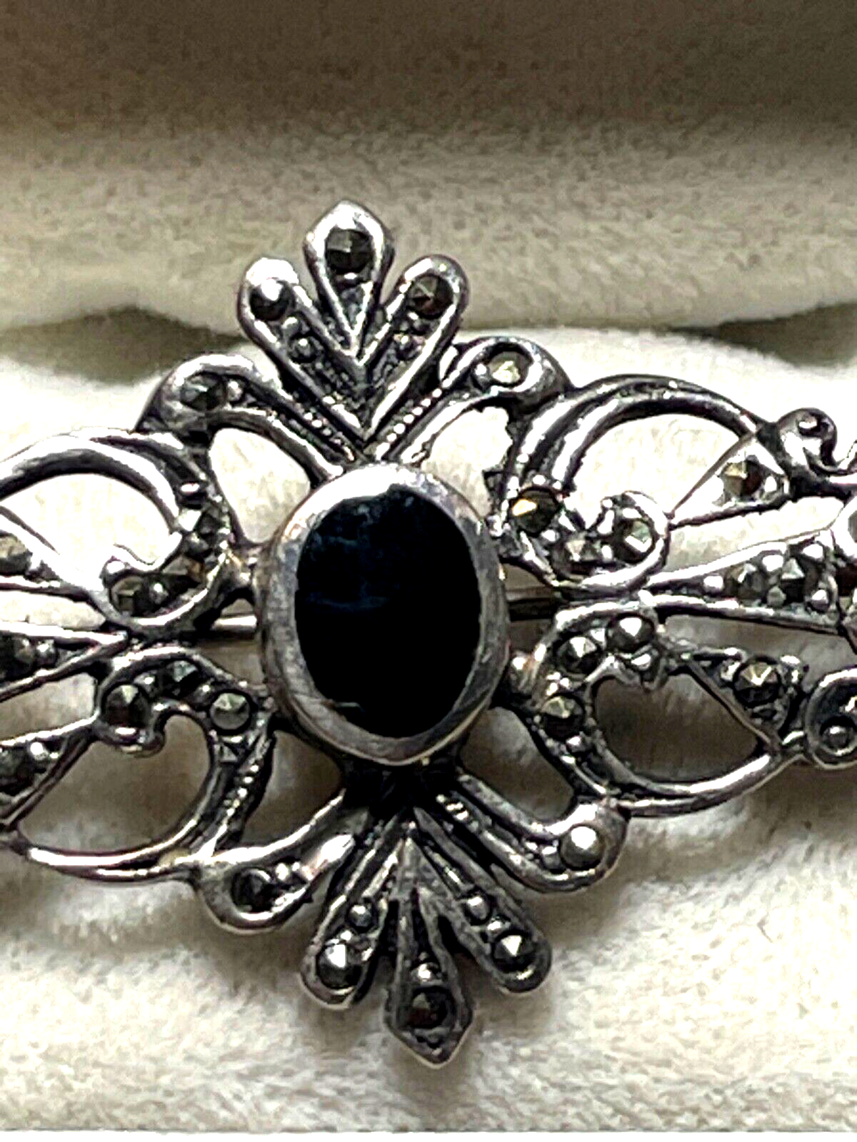 925 Sterling Silber Brosche Onyx Markasit im Antikstil Handarbeit apart L 53 mm2