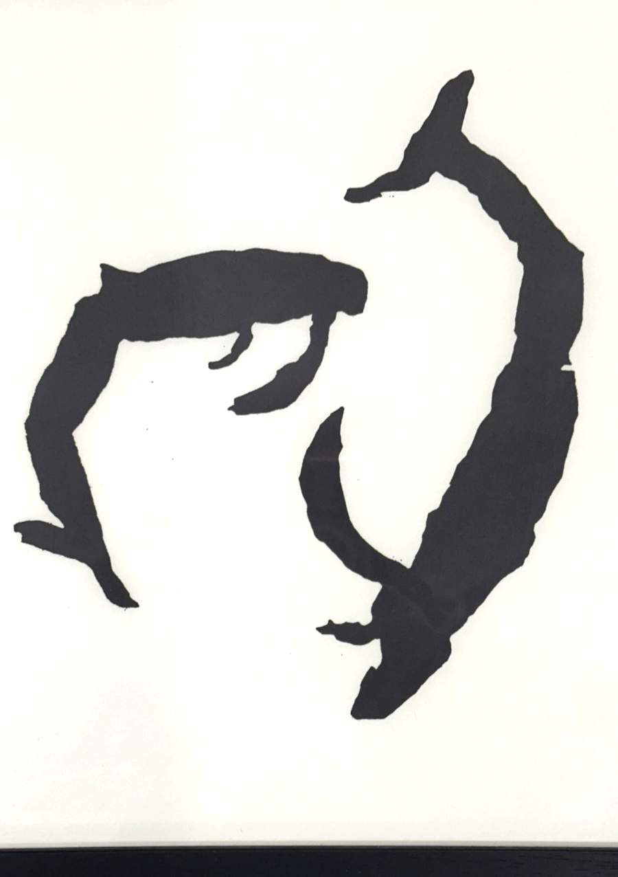 Abi Shek – Linolschnitt - „Delfine/Wale“  - signiert & nummeriert 49/55, gerahmt1