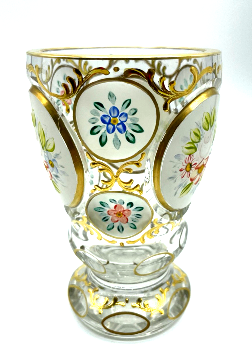 Antik Pokal Glas Becher handbemalt Ranftbecher Blumen Gold Dekor4