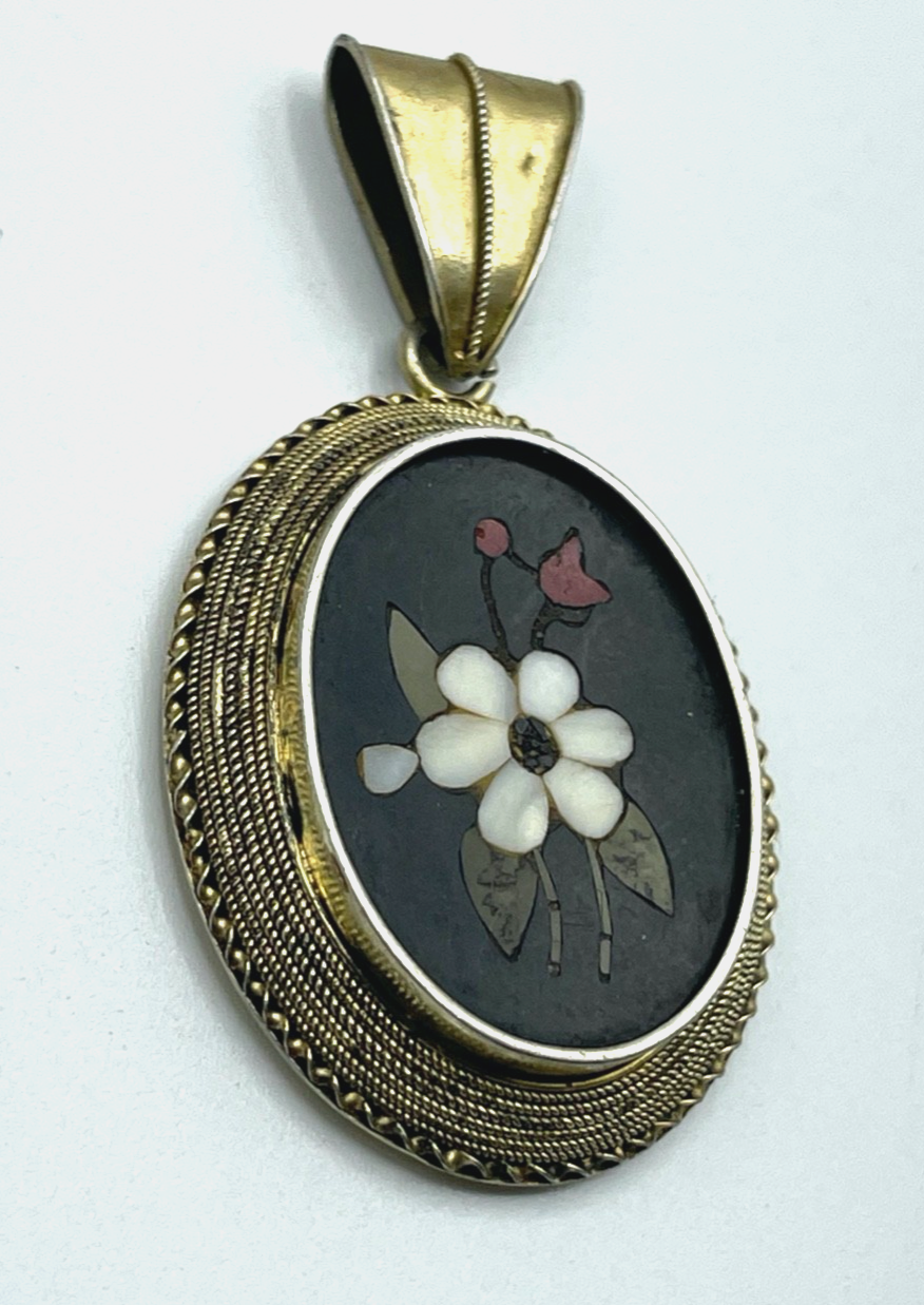 Pietra Dura Stein Mosaik Medaillon Italien um 1900 Anhänger Silber vergoldet rar4