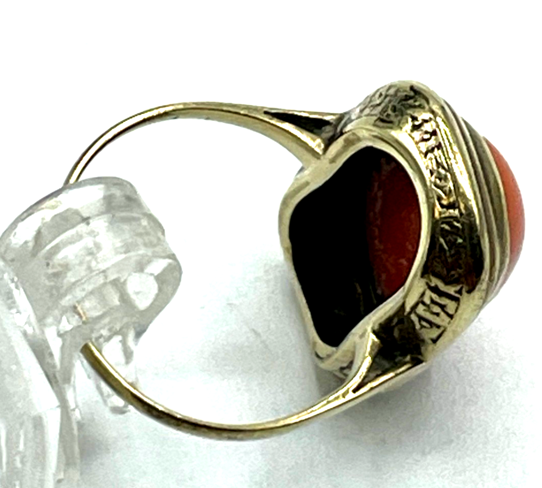 20er Jahre 585 Gold 14 K antik Ring Lachskoralle Koralle Cabochon RG 51 Ø 16 mm2