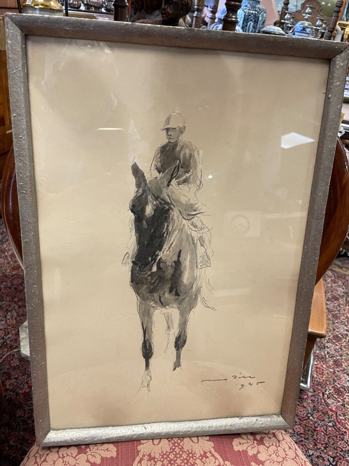Otto Dill lavierte Tusche Zeichnung Pferd mit Jockey 1945 gerahmt  49 x 34,5 cm8