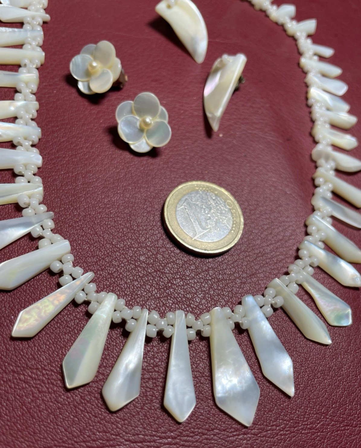 Antik Set wunderschönes antik Perlmutt Collier + 2 Paar Ohrclips Handarbeit8