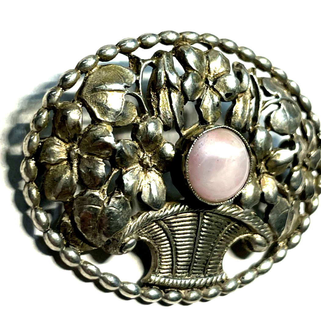 Antik 830 Silber Brosche Jugendstil Blumenkorb Handarbeit rosa Achat Cabochon2