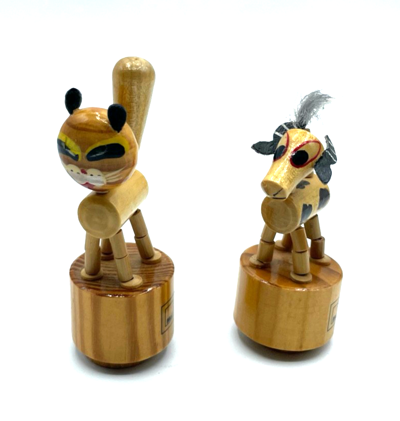 2x vintage Holzspielzeug Wackelfigur Drückfigur alte Werbung 70er J Katze + Kuh0