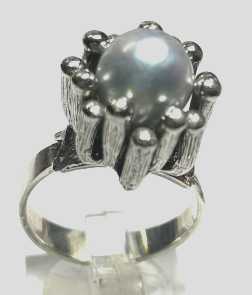 Brutalist  vintage 925 Silberring mit Tahiti Perle Unikat Ø 18 mm RG 57 gepflegt3