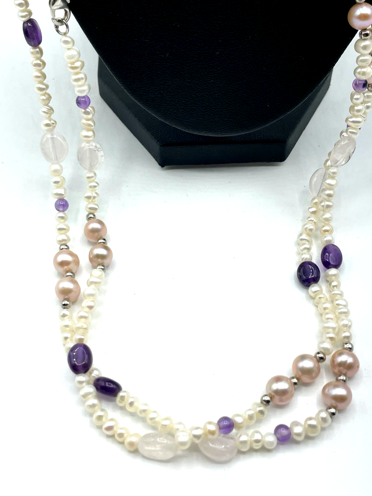 Gemischte Edelstein Kette 925 Silber Elemente + SWZ Perlen L 165 cm lang gepfl.1