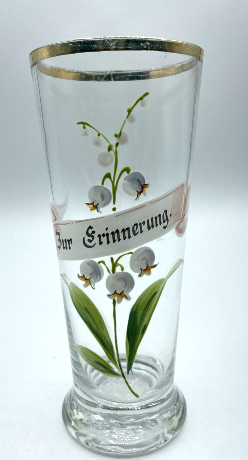 Antik Glas handbemalt Jugendstil Andenkenglas zur Erinnerung Maiglöckchen 6/20 L1