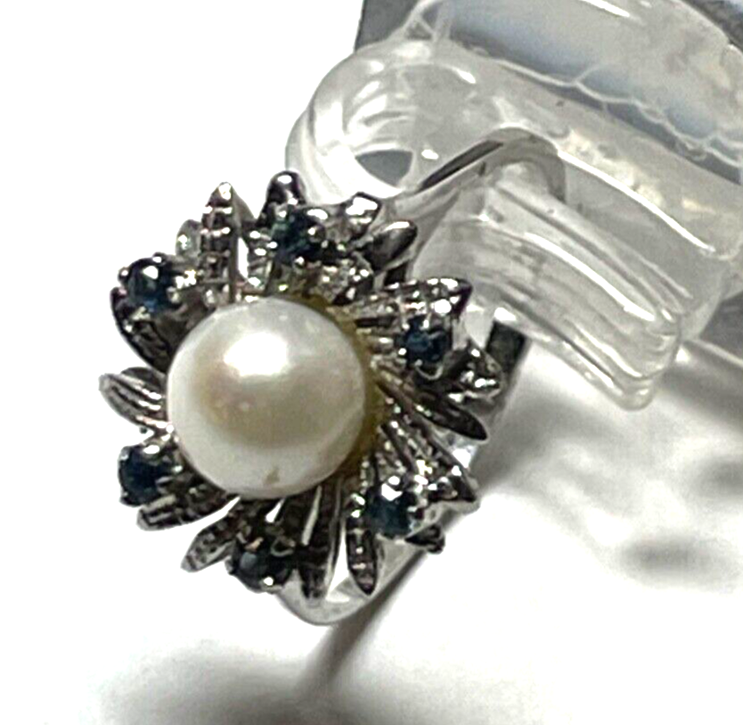 750 Gold 18 K Ring Weißgold Perle + 6 Saphir klassisch Ø 16,2 mm RG 51 Juwelier9