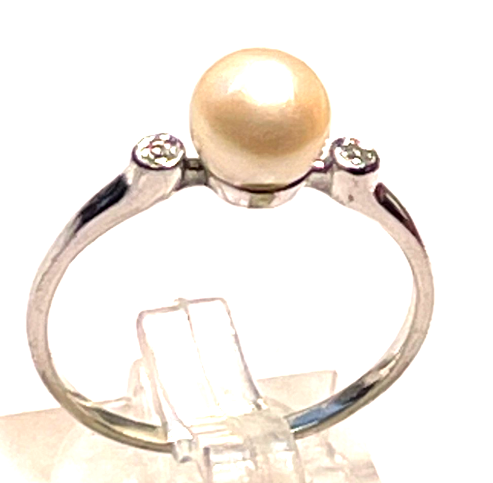 Klassiker 333 Gold 8 K Ring 18 mm RG 57 Akoya Perle 2 Diamanten Weißgold gepfl.2