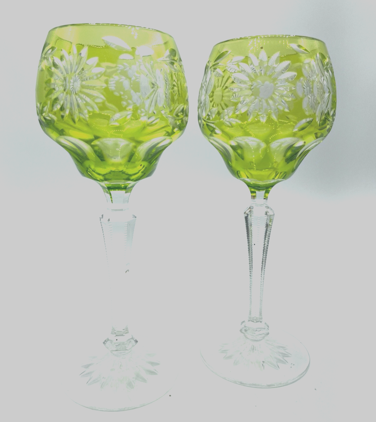 2 vintage Bleikristall Weingläser Römer Handschliff floral Dekor grün H 21 cm1