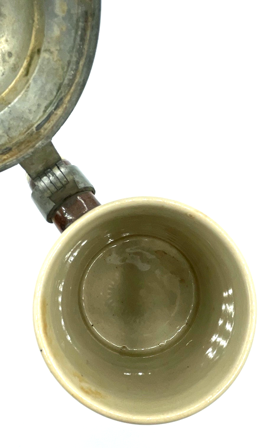 Antik Steinzeug Bierkrug mit Zinn Deckel Bier Seidel vor 1900 Trinkspruch 1/2 L11