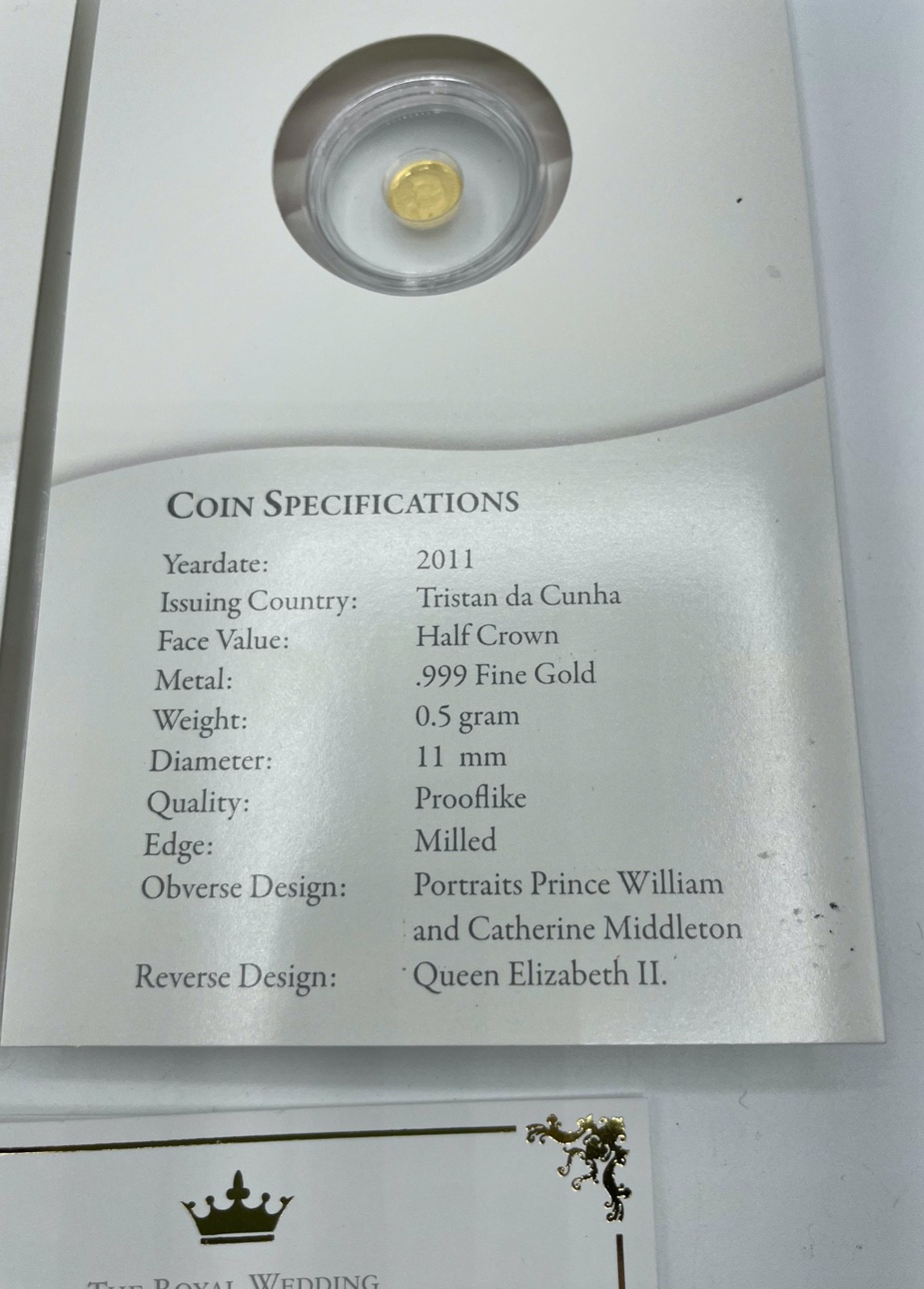 2x 0,5 Gramm 999 Gold Sammler Münze Royal Wedding Kate + William 2011 im Blister5