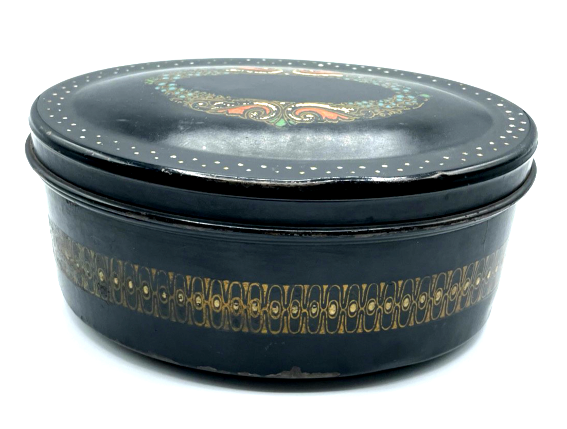 Antik attraktive ovale Blechdose Keksdose Deckeldose Jugendstil Dekor um 19002