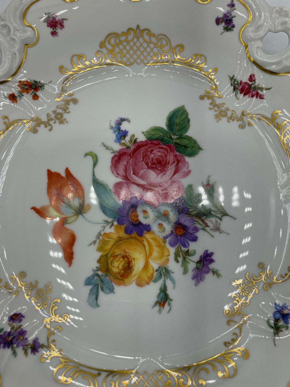 Weimar Porzellan Teller Schale handbemalt Blumenbukett Golddekor Ø 32 cm gepfl.4