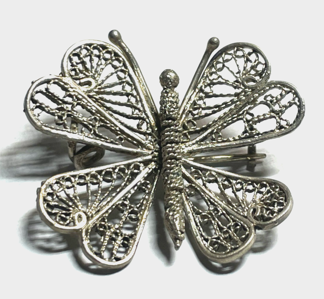 Antik 800 Silber Brosche Anstecknadel Filigransilber Schmetterling Trachtenmode3