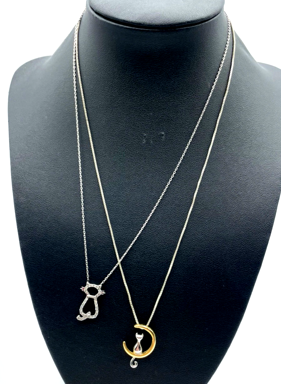 2 x 925 Silber Halskette mit verschiedene Katze Anhänger Katzenfreund Schmuck0