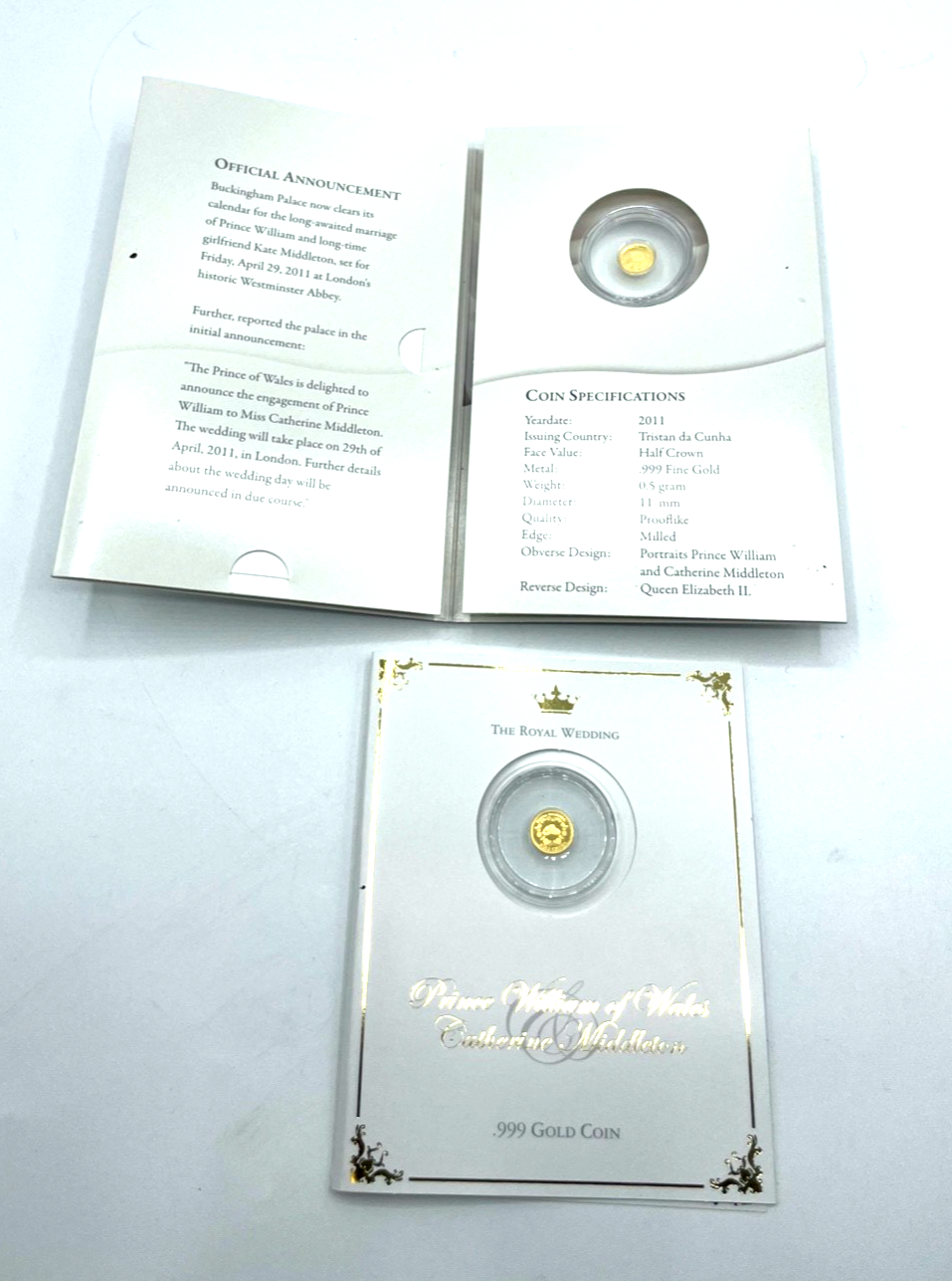 2x 0,5 Gramm 999 Gold Sammler Münze Royal Wedding Kate + William 2011 im Blister4