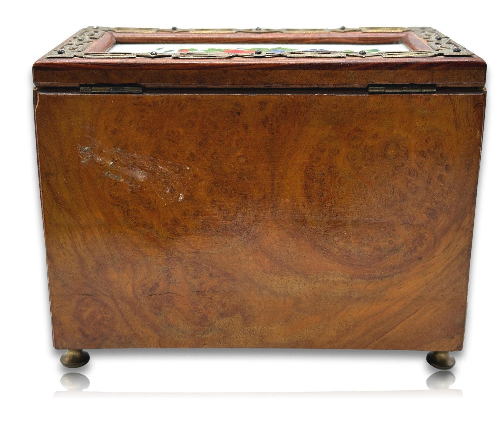 Jugendstil - Reisetantalus um 1900 Nussfurnier Messing Porzellan 3 Flakons antik6